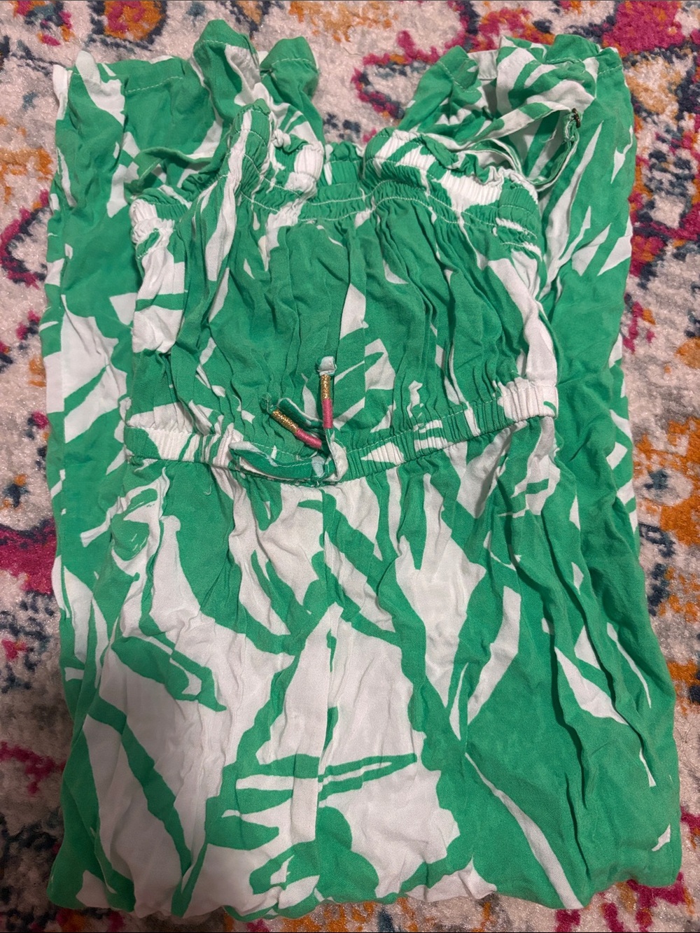 Green and White Tropical Print Strapless Dress
